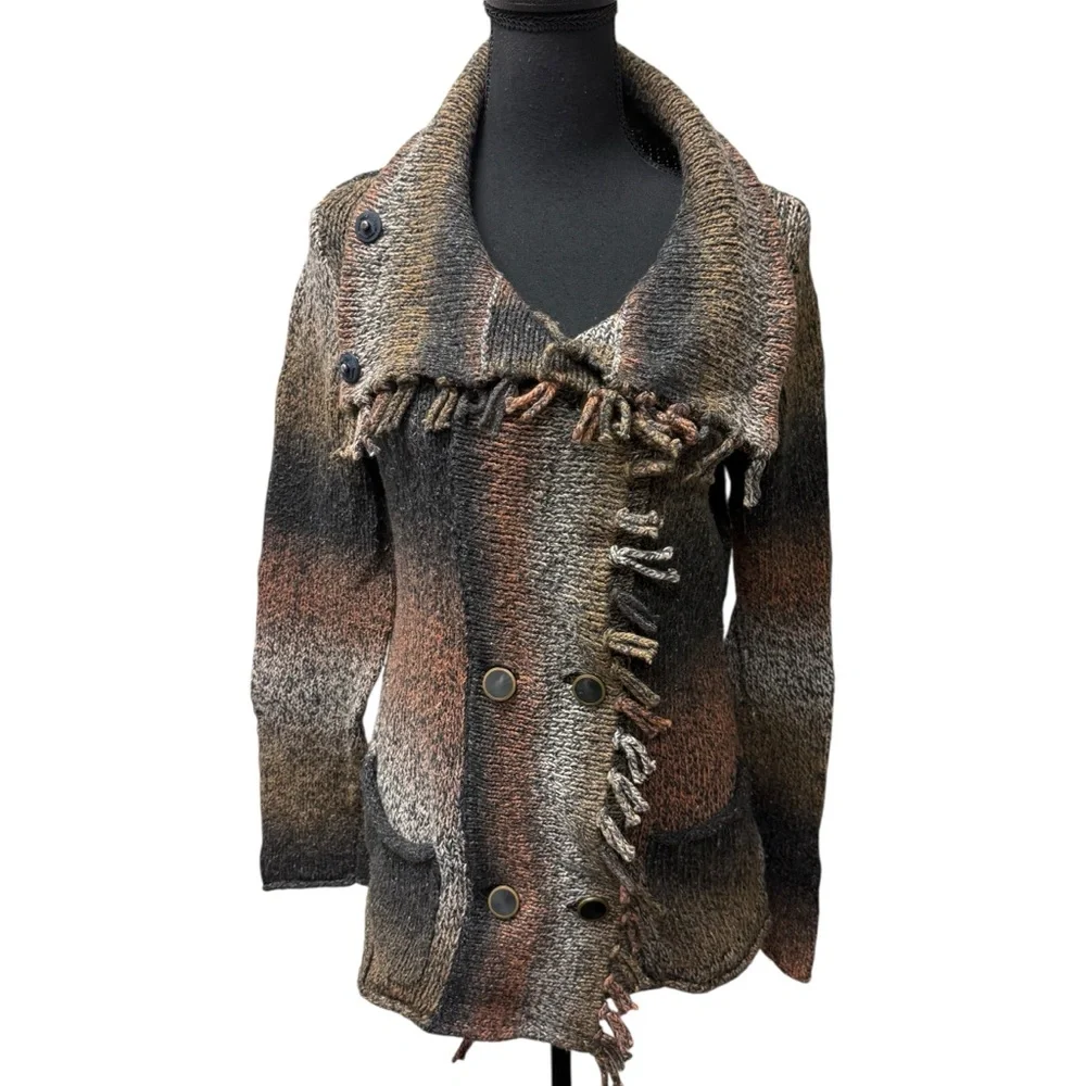 CAbi Brown Black Ombre Fringe Button Cardigan Sweater Small Boho